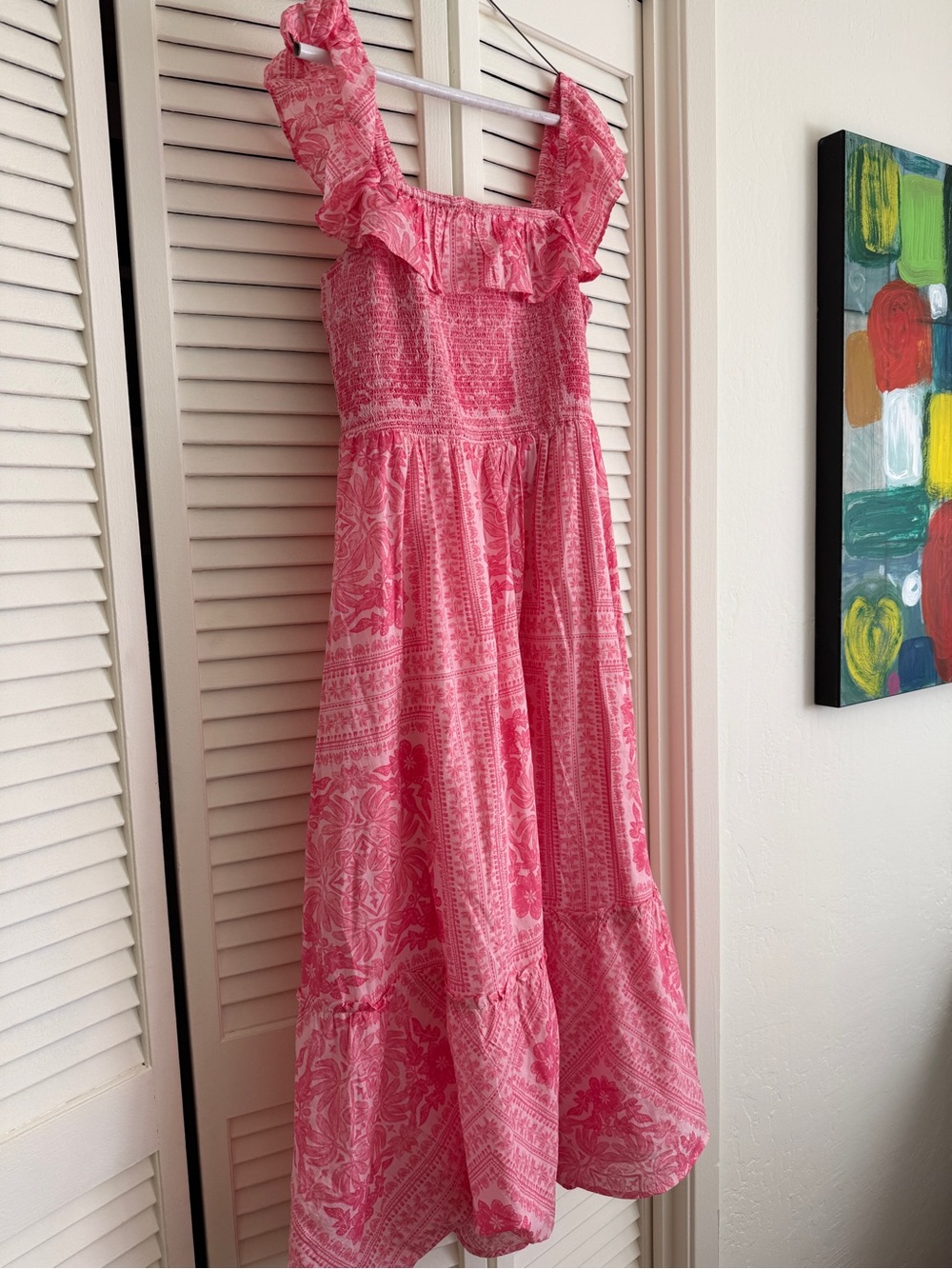 Vineyard Vines Midi Dress-Pink Cotton Smocked Ruffle Square-Neck - Picture 6 of 12